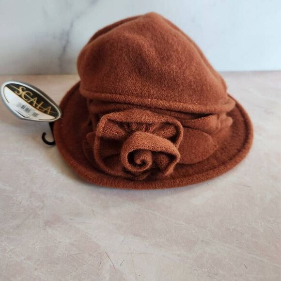 Scala Accessories - Scala wool boiled bowler cloche hat  autumn orange copper handmade 100% wool